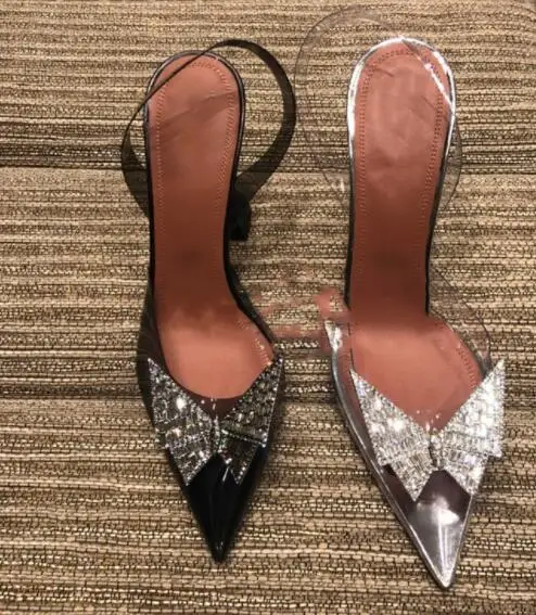 

Moraima Snc Clear PVC Patchwork High Heel Shoes Crystal Butterfly-knot Decorations Dress Heels Sexy Wedding Shoes