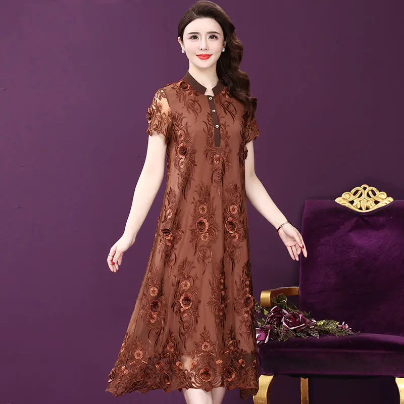 

Plus Size Mesh Dress Woman Embroidery Short Sleeve Dress Elegant Vintage Stand Collar Summer Clothes Party Dresses For Women