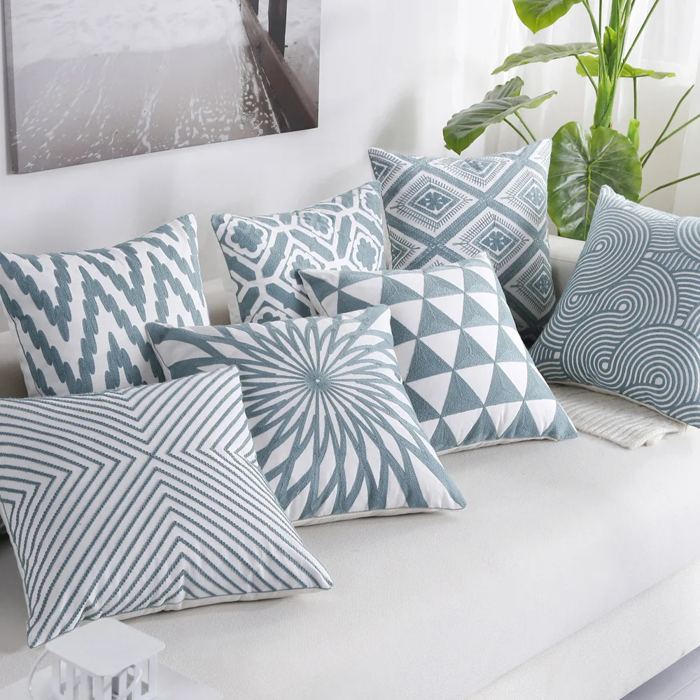 Хлопковая наволочка с вышивкой наволочки Геометрическая синяя для подушки