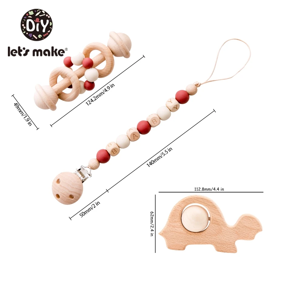 Let's Make 3pc/set Baby Pacifier Chain Holder Foer Nipples Beech Wood Baby Rattle Crib Mobiles Stroller Accessories Baby Toys