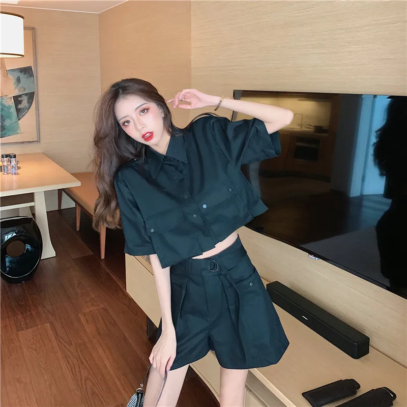 

2021 New Summer Women Fashion Suit Ladies Lapel Casual Crop Tops + High Waist Wide Leg Shorts Elegant Two Pieces Set