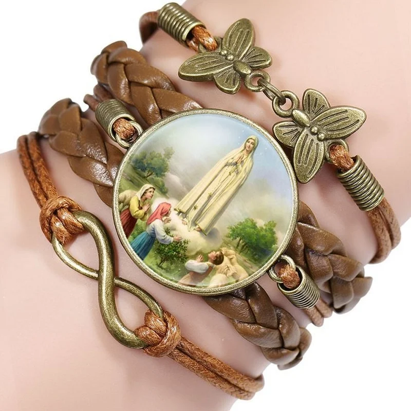 Комбинированный Кожаный браслет христианский католический крест Иисус Дева Mary с