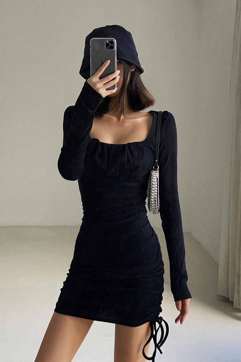 

Spring and autumn French U-neck tight long sleeve high waist dress slim skirt with buttocks and tie