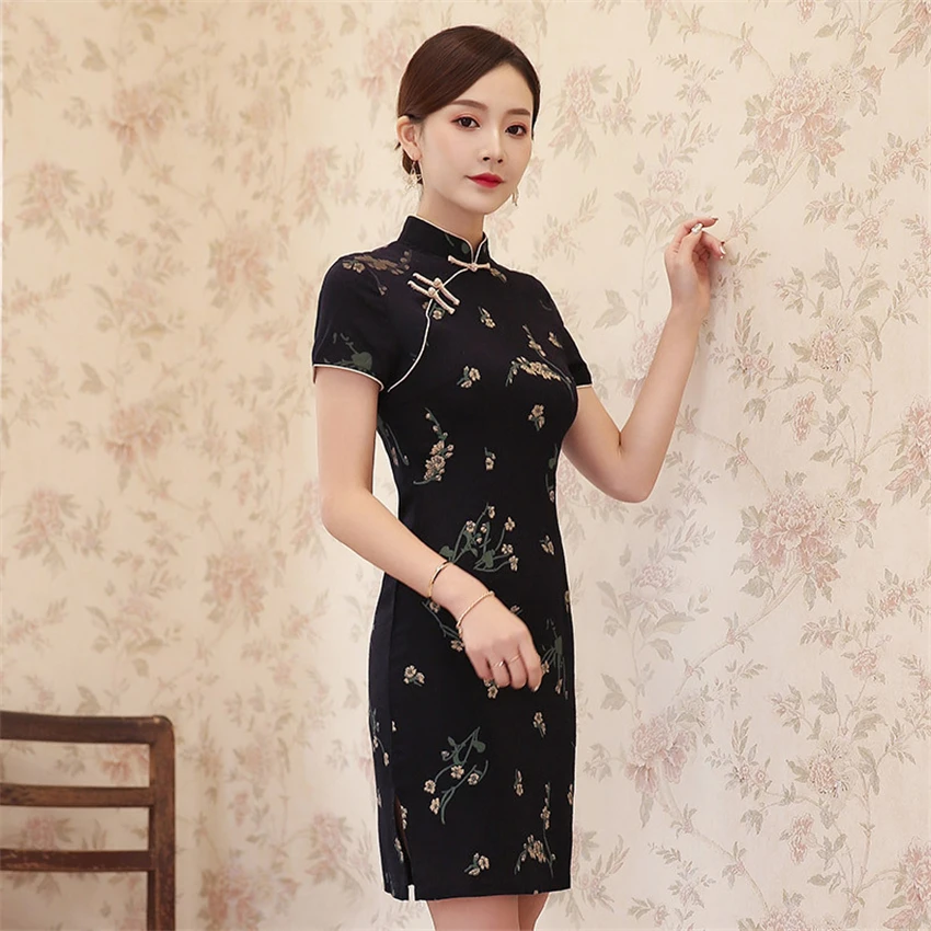 Традиционное китайское атласное платье Cheongsam Qipao для женщин короткий рукав вышивка древний костюм для вечеринок платья для взрослых