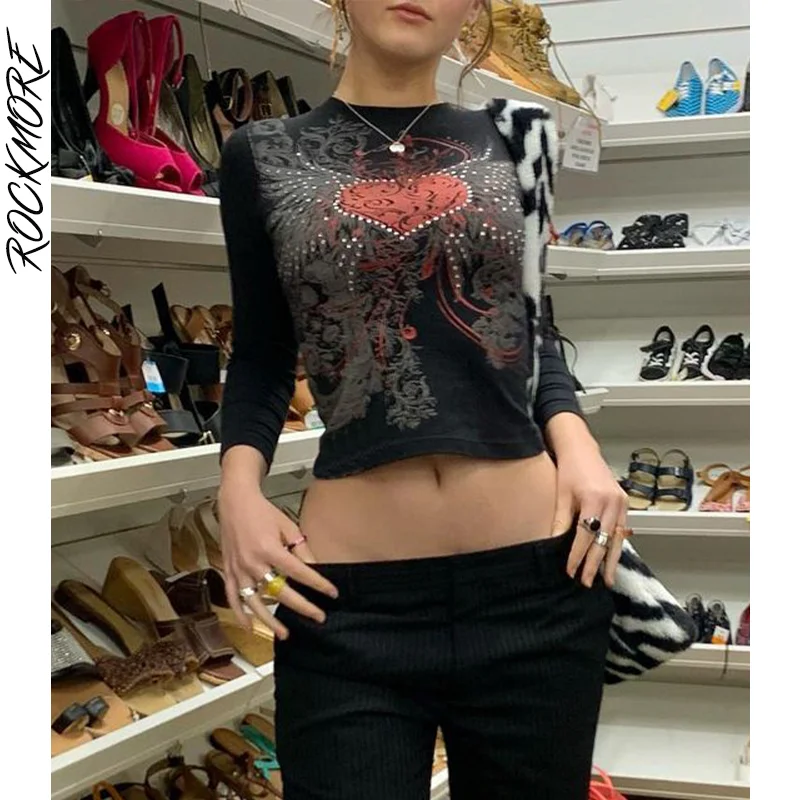 Женская Винтажная Футболка с принтом Rockmore Осенний Повседневный укороченный топ