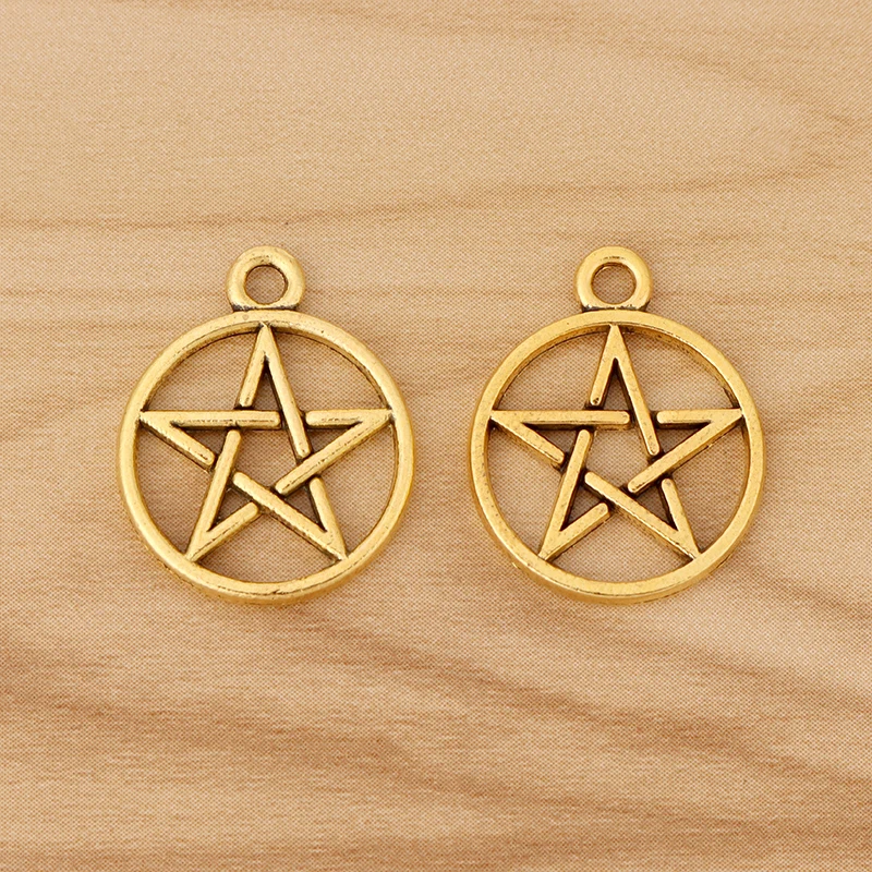 

20 Pieces Antique Gold Color Star Pentagram Pentacle Round Charms Pendants for Necklace Bracelet Jewellery Making 22x18mm