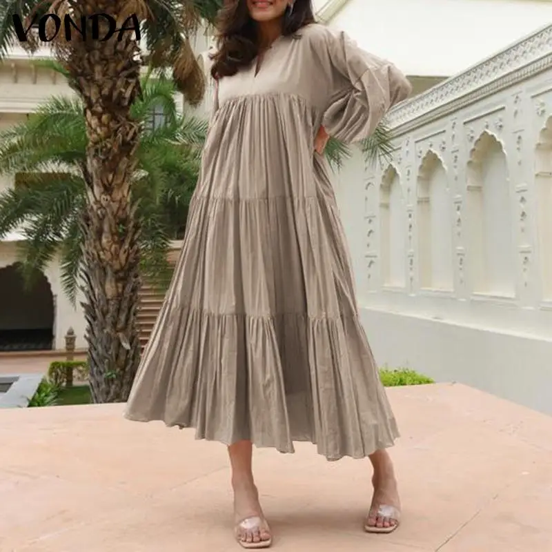 

Длинное платье-макси VONDA 2021, сексуальное женское богемное платье с длинным рукавом и V-образным вырезом, женский пляжный Сарафан