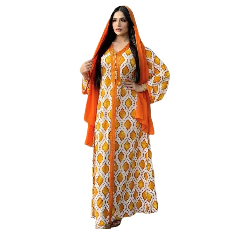 

Eid Dubai Abaya Jalabiya Maxi Dress for Women Long Sleeve Loose Robe Orange Printed Muslim Kaftan Islam Arabic Turkey Clothes