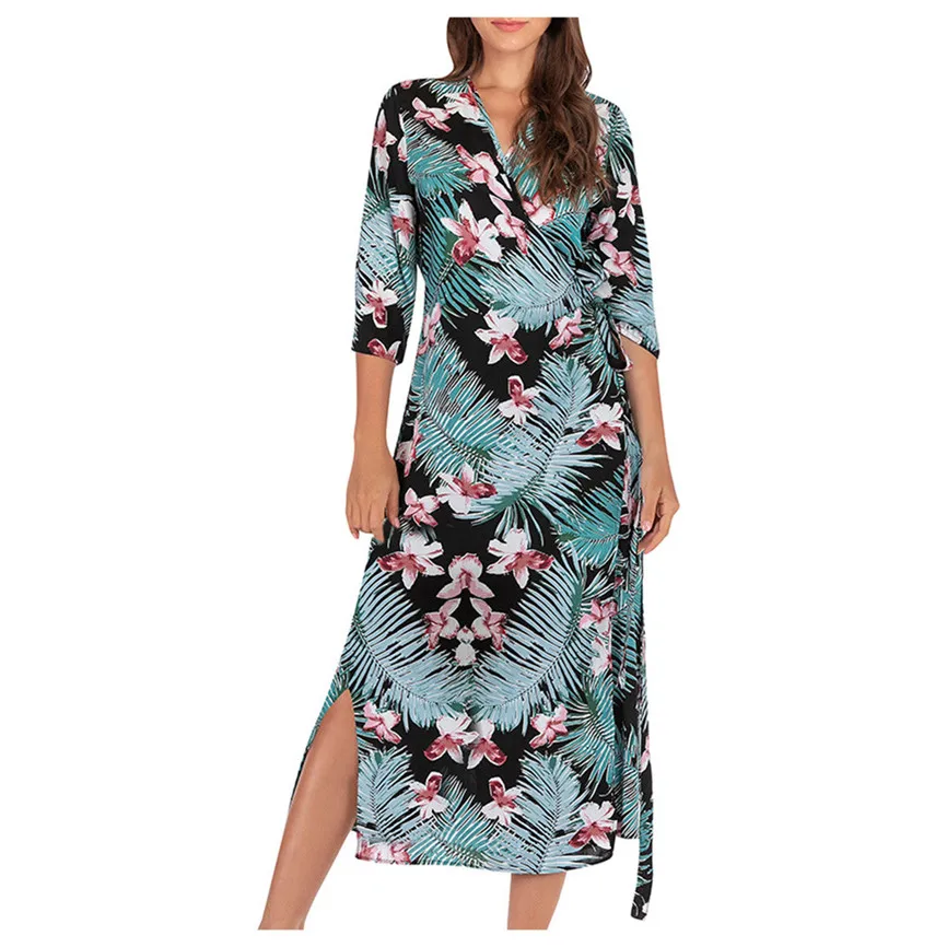 Осеннее платье женское Бохо с длинным рукавом офисное v образным вырезом Пляжное