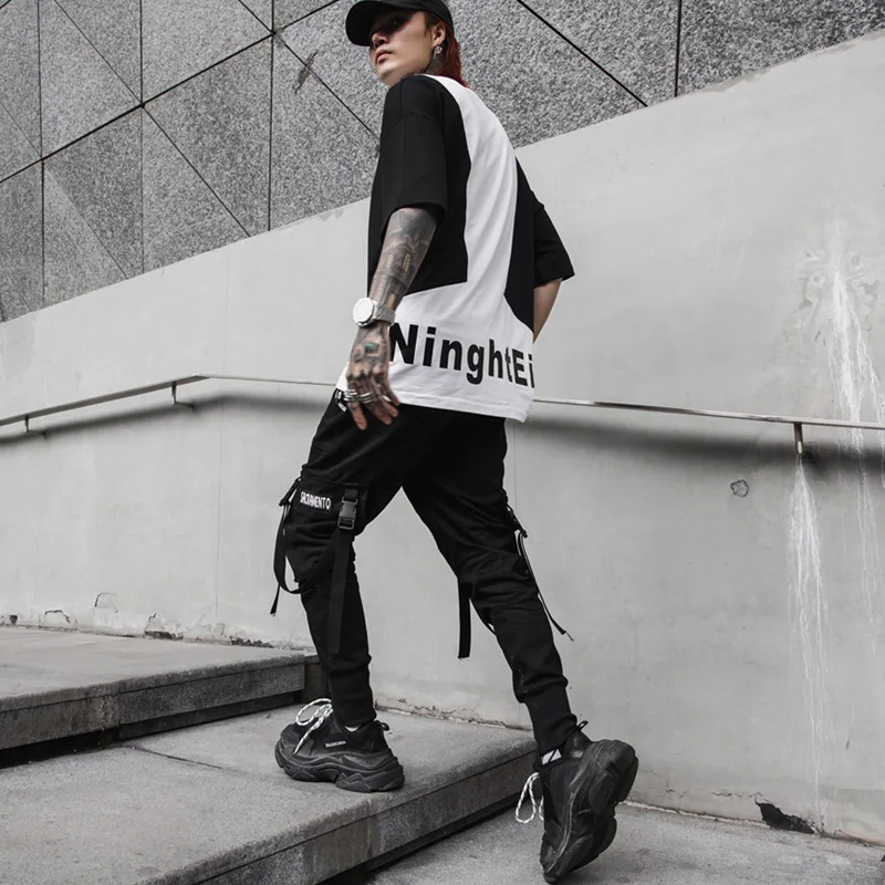 

Detachable Multi-Pocket Cargo Pants Men Harajuku Hip Hop Streetwear Ribbon Joggers Man Elastic Waist Sweatpants Pant WO218