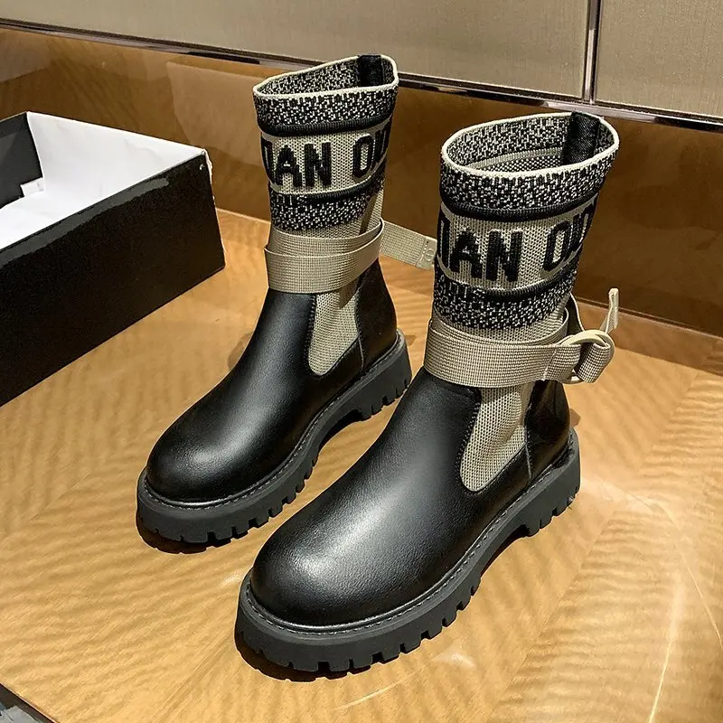 

Fashion Womens Shoes Martin Boots Platform Stretch Fabric Ankle Buckle High Top Boots 2021 New Autumn Winter Women's Boots Mujer