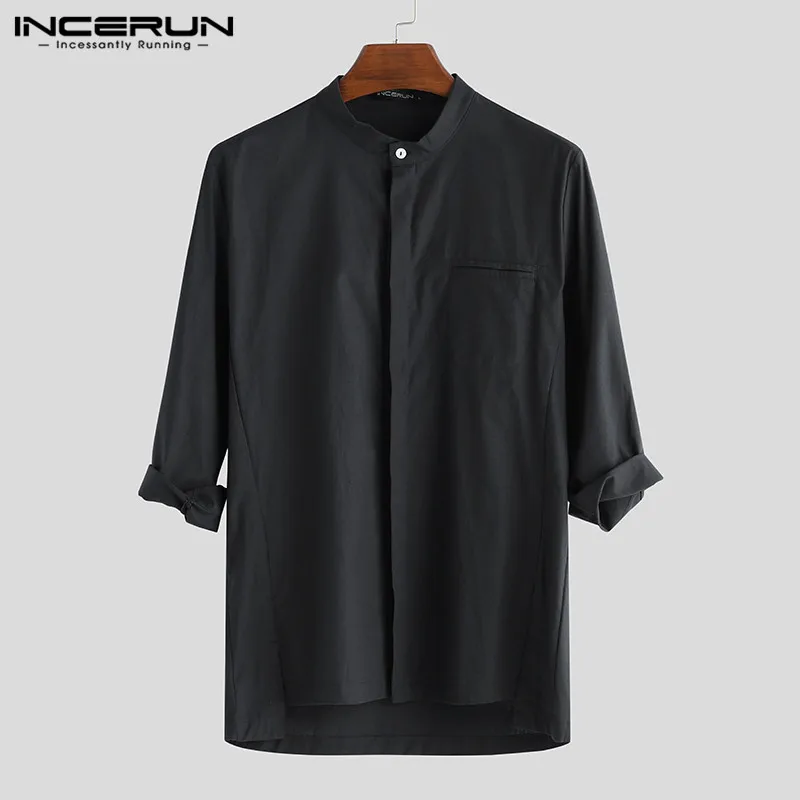 

INCERUN 2021 Fashion Men Shirt 3/4 Sleeve Stand Collar Button Casual Tops Streetwear Cotton Solid Color Leisure Shirts Camisa