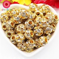 10pcs light gold color rhinestone glass crystal inlayed round rondelle large hole european spacer beads charm for women bracelet