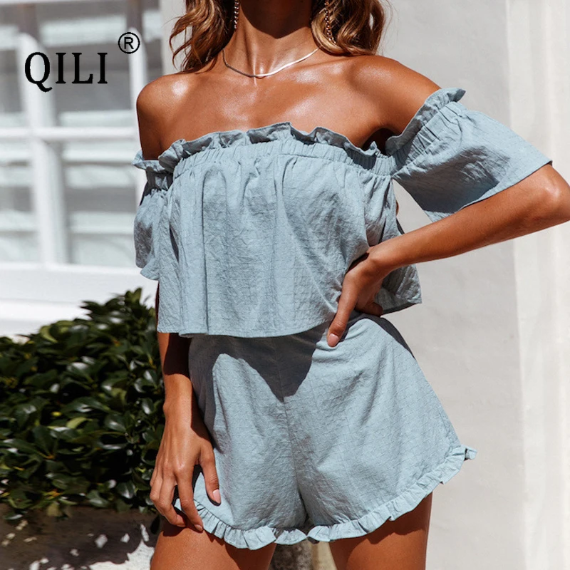 

QILI Summer Slash Neck Off The Shoulder Rompers Womens Cotton Linen Jumpsuit Fashion Ruffles Sexy Romper