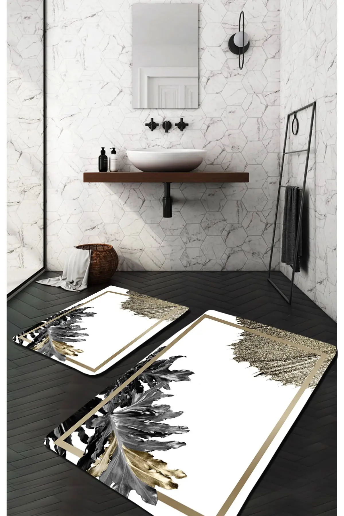 

Черный, белый, золотой лист, современный моющийся коврик 2li для ванной, коврик 572-03, цифровой принт, хлопок 2'li, фигурный