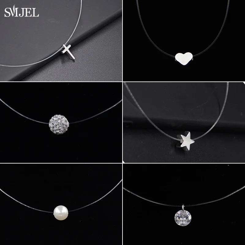 

2021 модные ожерелья из прозрачной лески стразы, ожерелье из невидимой цепочки, Женский чокер со звездами, сердцем, крестом, подвески, подарки