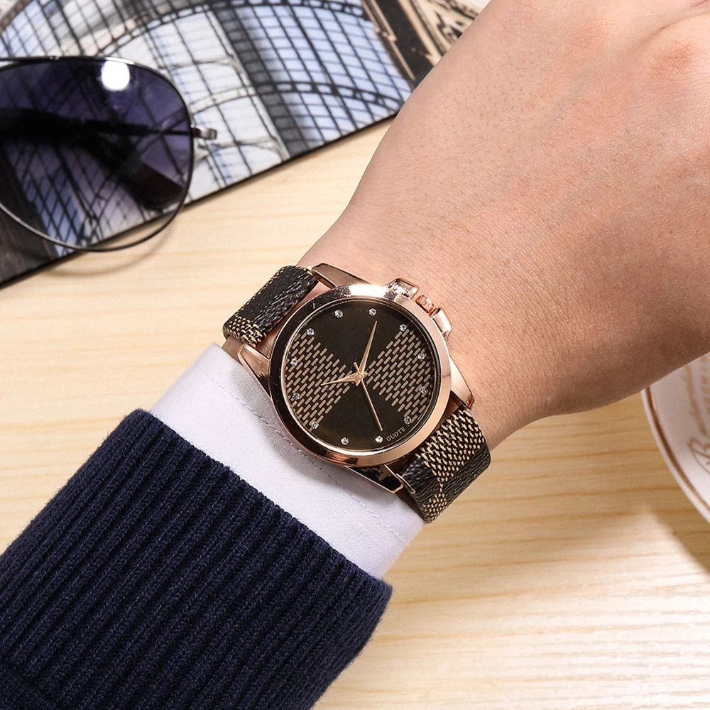 

NEW Plaid Watch Women Fashion Casual Leather Watches Simple Ladies' Rose Gold Dial Quartz Clock Dress Wristwatches Reloj mujer