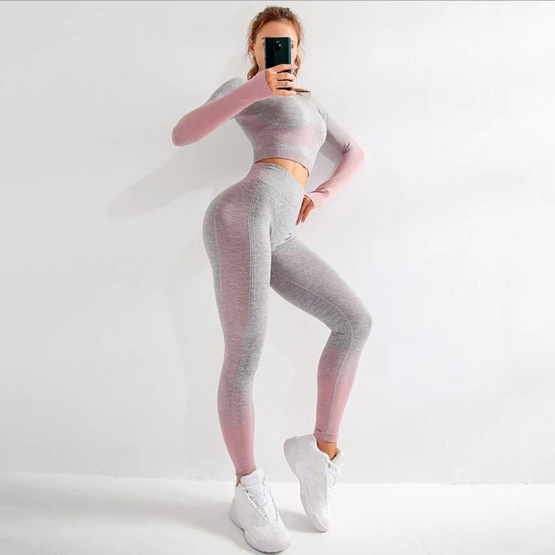 

2 Pieces Gym Set Workout Clothes For Women Fitness Long Sleeve Crop Top Seamless Scrunch Butt Leggings Yoga Sport Suits