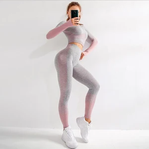 Комплект спортивный женский для фитнеса, укороченный топ с длинным рукавом, бесшовные леггинсы с резинкой для ягодиц, спортивные костюмы для йоги, 2 предмета