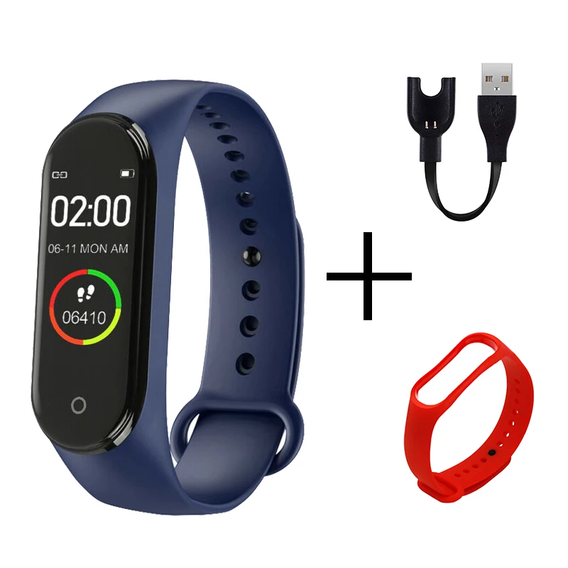 blue red strap Смарт-браслет M4, фитнес-трекер, часы, спортивный браслет, пульсометр, кровяное давление, монитор, SmartBand, браслет для здоровья для мужчин и женщин - Цвет: blue red strap