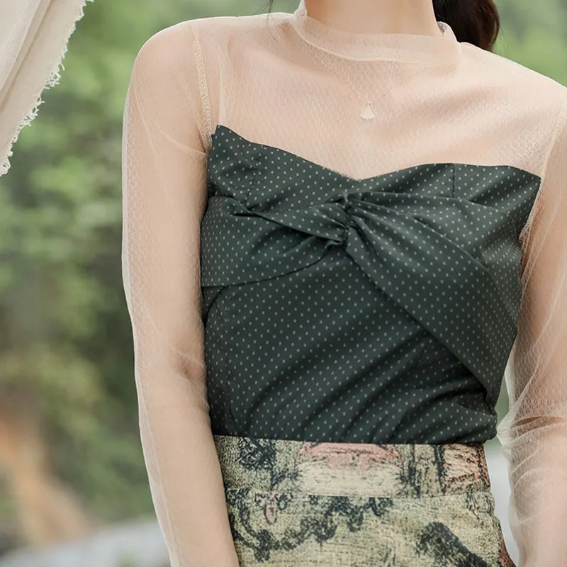 Summer Sweet 2 piece Set Women Short Vintage Green Mesh Patchwork Tops +Mid-length Slim Print Skirt 2020 New Fashion Office Sets | Женская