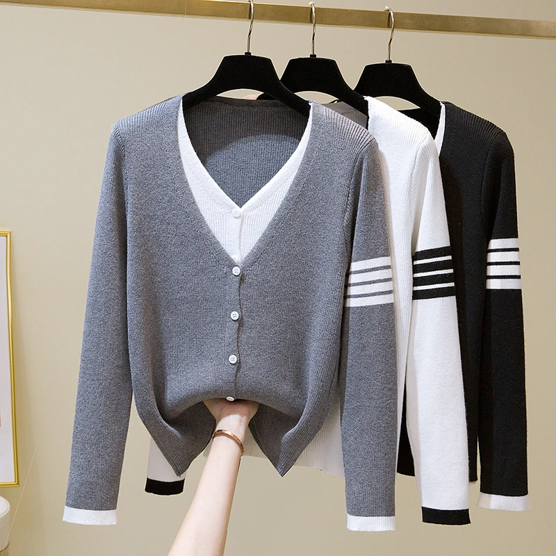 

Spring Autumn Loose Stitching Sweater Pullover College Style Women's Casual Korean Fashion Top Girl Knitting