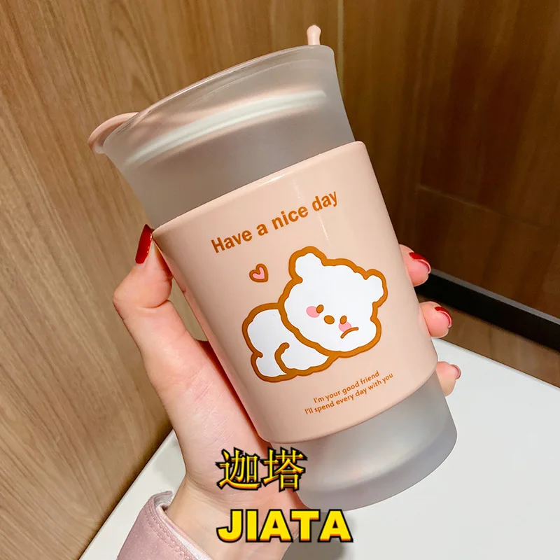 

Coffee Glass Net Red with Lid Home Breakfast Milk Tea Coffee Cup Ins Wind Summer Office Water Cup Female Cute Kawaii Mug