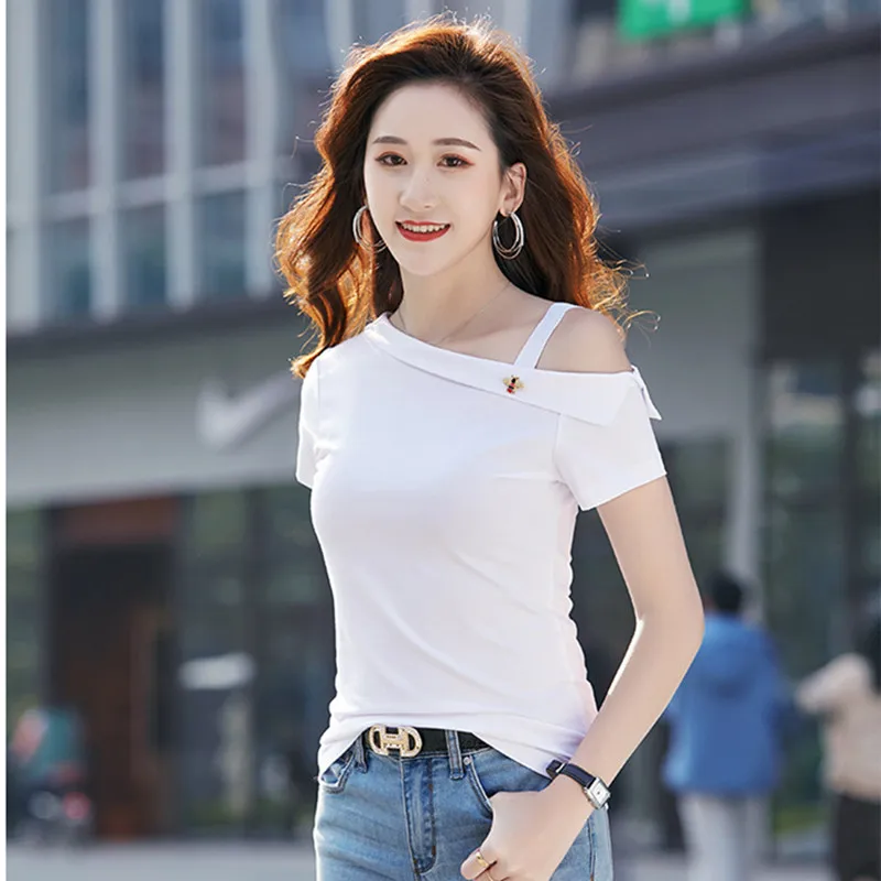 

Plus Size T-shirt for Woman Irregular Strapless Round Neck Short Sleeve Loose Blouse Women Clothing Summer Tops for Women 2021