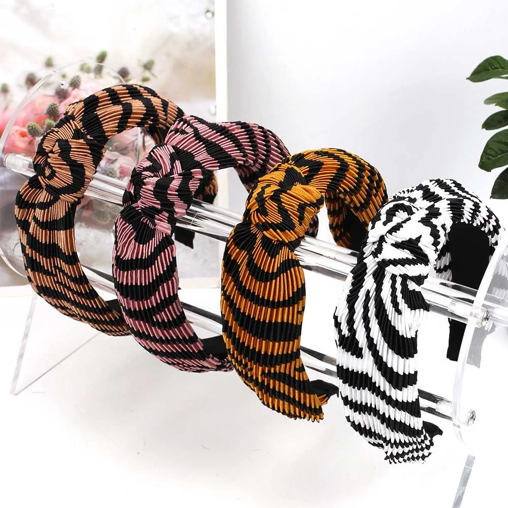 

Fashion Leopard Cross Knotted Headbands Pleated Zebra Pattern Printed Hairband For Women Wide Side Headbands Hair Accessories