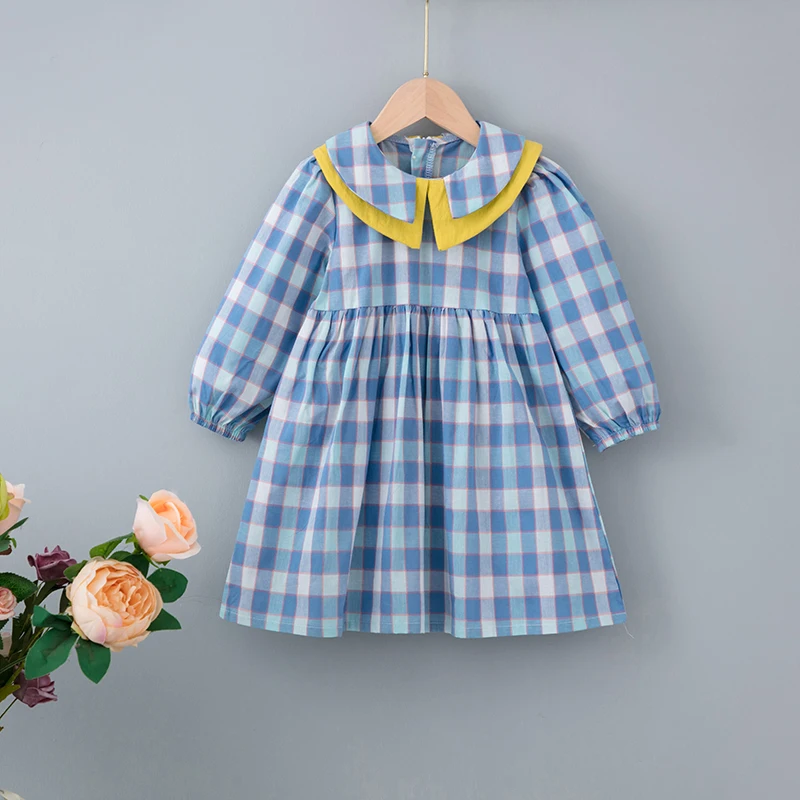 

Girls Dress 2022 Spring Fall New Long Sleeve Dresses Korean Style Little Girl Plaid Lapel Color Matching Princess Dress