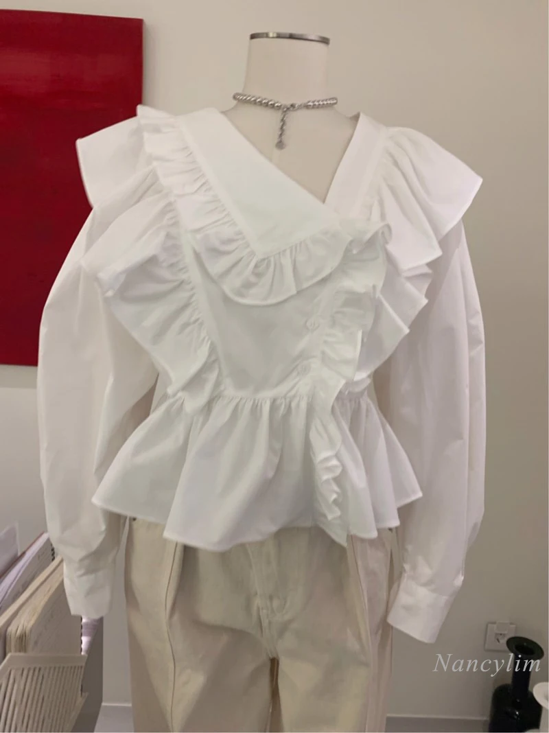 Chemisier court à manches longues pour femmes, nouvelle mode, col en v, volants irréguliers, haut de Style coréen, printemps et été, 2021