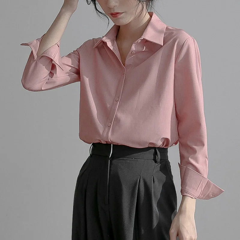 Women's Blouse Turn-down Collar Shirt Top Loose Long Sleeve Top Solid Color Women Clothes Plus Size
