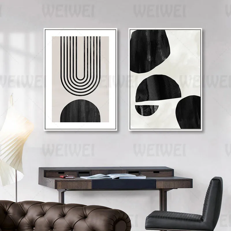 

Black and White Geometric Figure Wall Art Decoration Painting Minimalist Line Arc Living Room Wall Canvas Poster Irregular Block