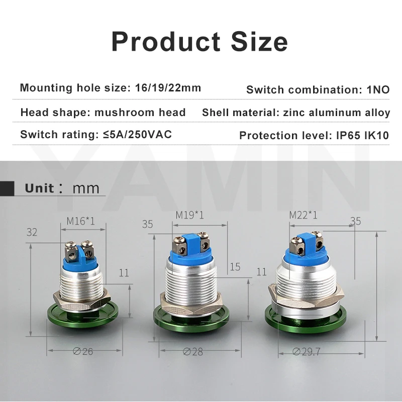 16/19/22mm DIY Mushroom Head Red Green Normally Open Reset Momentary Industrial Equipment Power Supply Metal Push Button Switch |
