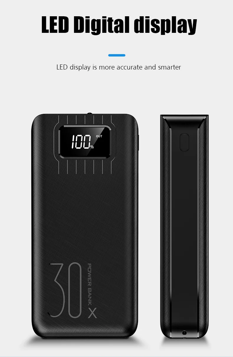 Внешний аккумулятор 30000 мА/ч, внешний аккумулятор, 2 USB, светодиодный, PoverBank, type-c, портативное зарядное устройство для телефона OnePlus Xiaomi