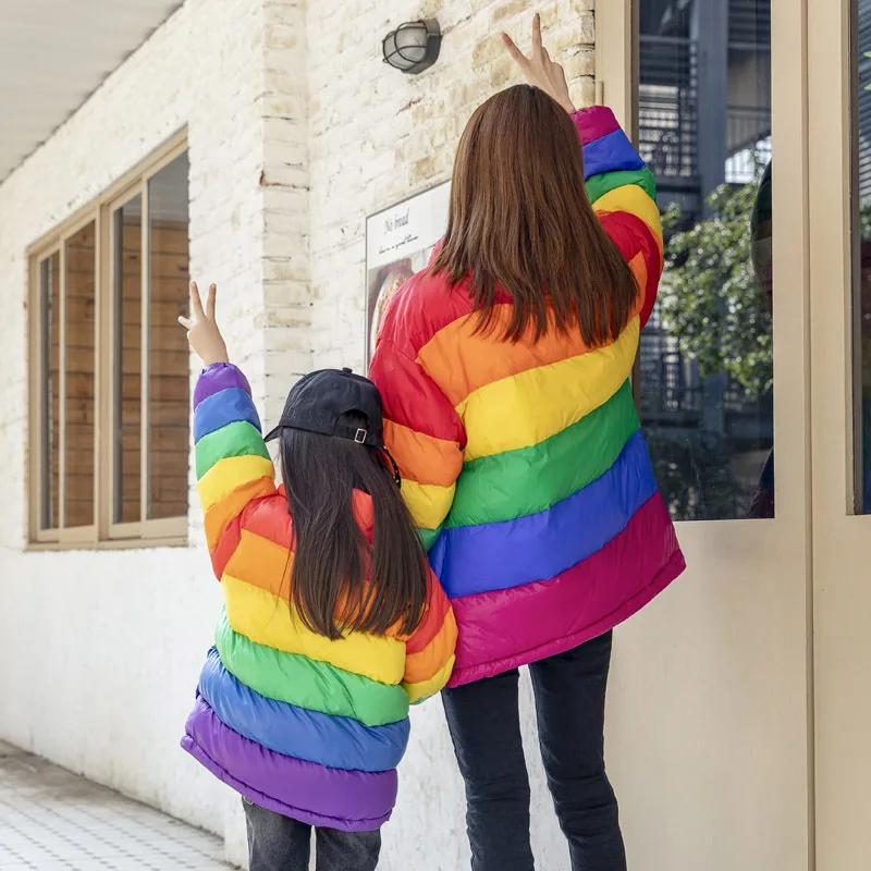 NEEDBO Winter Coat Hooded Parka Coat Rainbow Clothes Girl Cotton Outwear Warm Thick Casual Hooded Jacket Clothing Streetwear