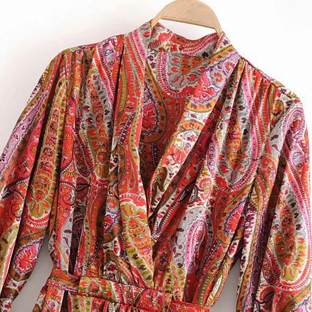 

Womail Dress Women elegant stylish dress Vintage Print V-Neck long sleeve A-line dress female Chiffon Long Dress vestidos P0