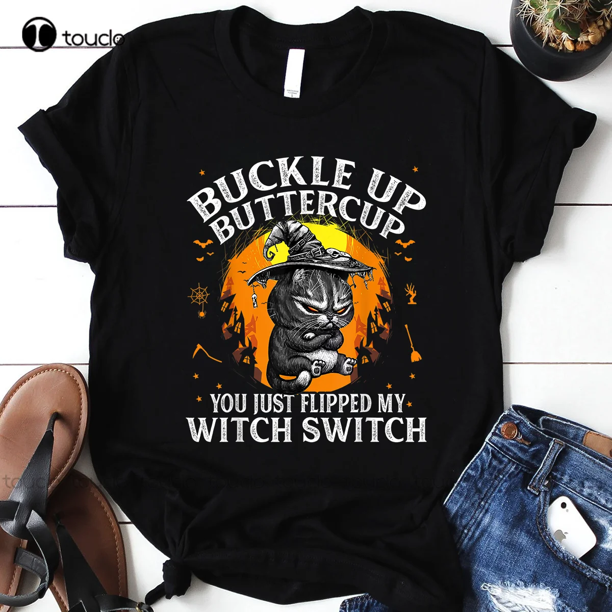 

New Cat Buckle Up Buttercup You Just Flipped My Witch Switch Gift T-Shirt Christian Tshirts Women