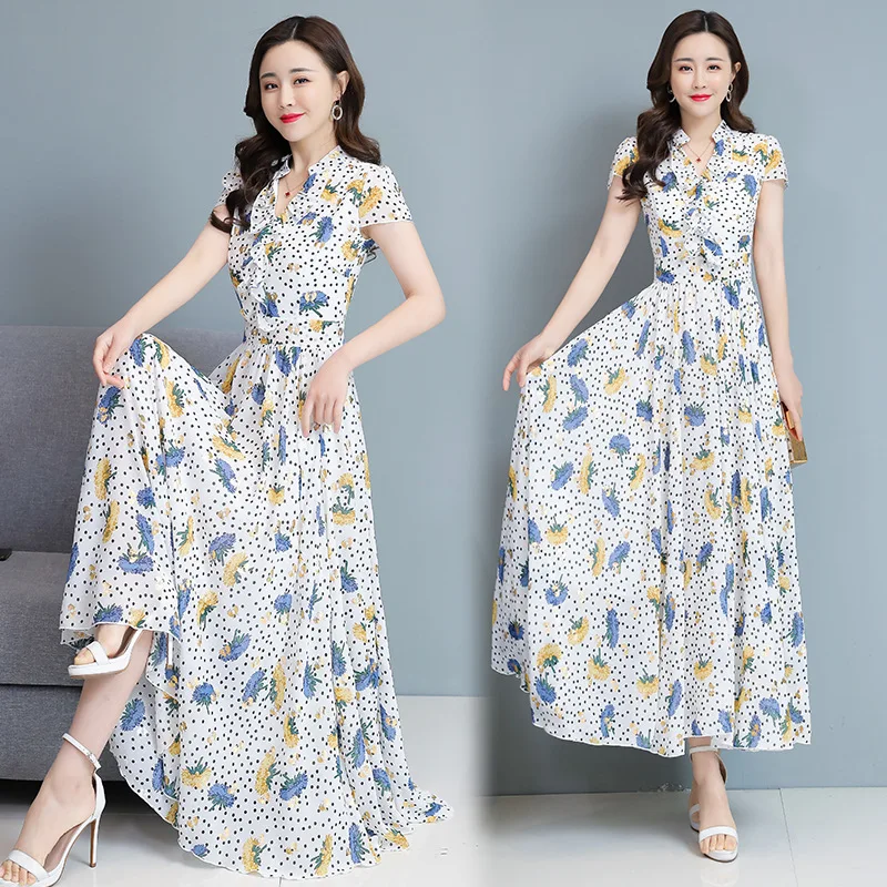 

the new Korean fashion waist is slim and long, and the printing temperament fairy short-sleeved dress tide