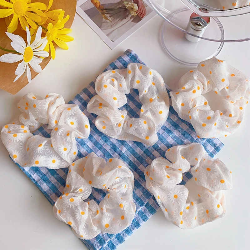 

1PC Summer Chic Net Yarn Small Daisy Printed Hair Scrunchie For Girls Ponytail Holders Hair Bands Elastic Hair Accessories