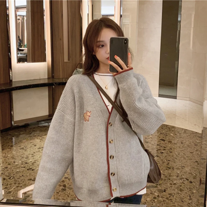 Женский кардиган с вышивкой в виде слона Gaganight весенне-осенний вязаный длинным