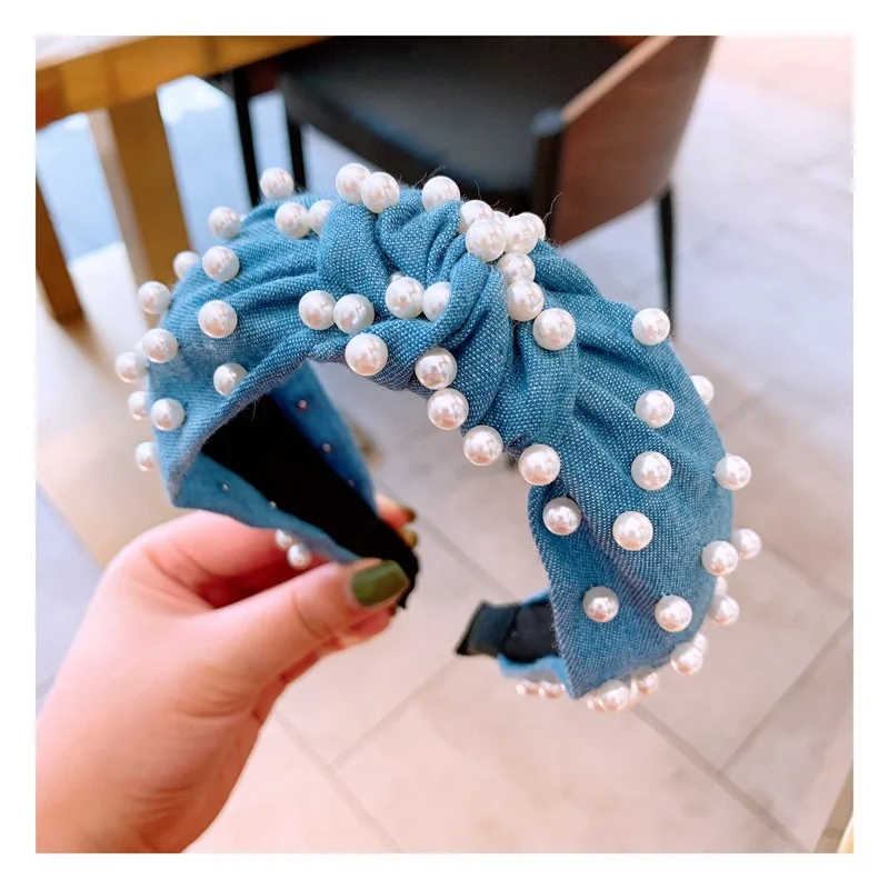 ВИНТАЖНАЯ ДЖИНСОВАЯ повязка на голову с жемчугом широкие обручи перехлёстом