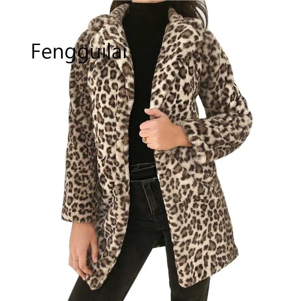 

Women Faux Fur Leopard Coat Cardigan 2019 Winter Warm Hairy Lapel Jacket Outwear Fashion Female Fluffy Shaggy Coats Overcoat