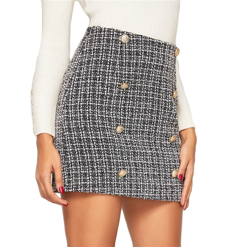 SHEIN черные и белые двубортные твидовые юбки женские осенне-зимние элегантные трапециевидные женские облегающие мини-юбки в клетку