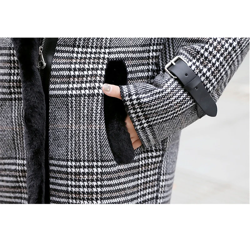 

Retro Houndstooth Woolen Patchwork fuax fur Coat Women Zipper Thicken Autumn Winter midi Long Coats outwear Female Overcoat 2020