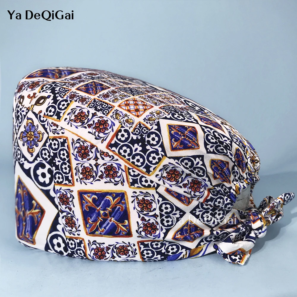 

Fashionable pure cotton unisex high quality nursing caps multicolor printing pet clinic scrub hat hospital surgery hat wholesale