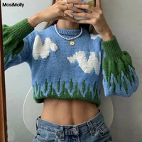mosimolly autumn winter jacquard sweater jumper pullovers women happy crewneck sky clouds knitted sweater