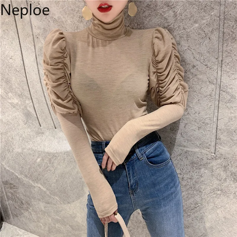 Neploe Turtleneck Solid Pleated Puff Long Sleeve Bottom T Shirt Fashion Slim Fit Autumn Spring 2020 New Tees Soft Wild Lady Top | Женская