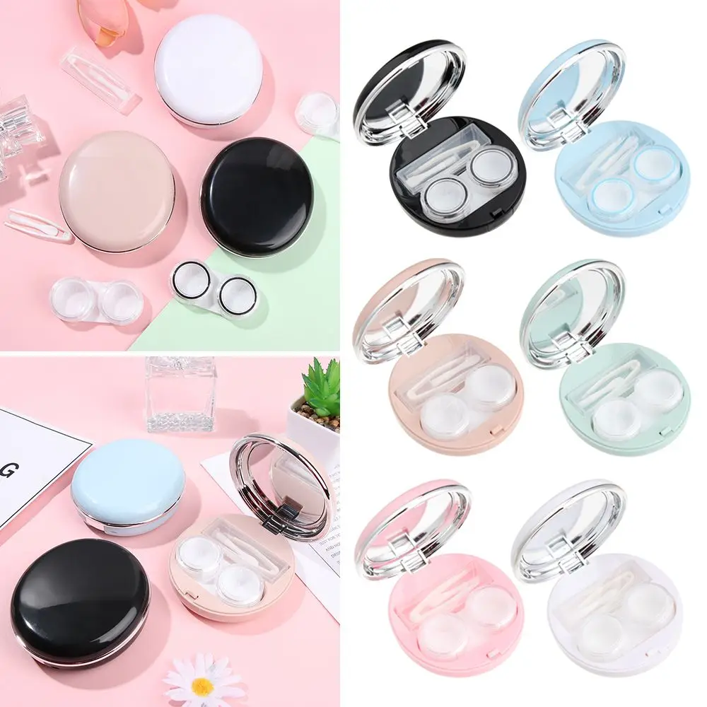 

Mirror Cover Solid Color Round Exquisite Contact Lens Case Glasses Accessories Box Glossy Colored Eyewear Container Kit