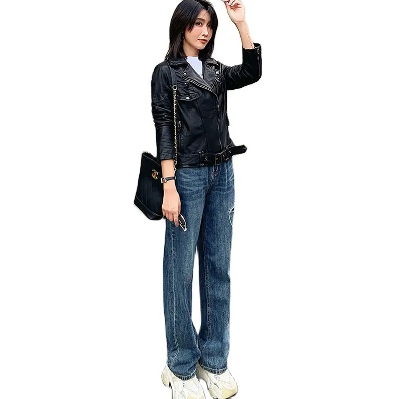 Chaquetas cortas de piel de oveja para mujer, abrigos de cuero con cinturón adelgazante, chaquetas de invierno de cuero para motocicleta